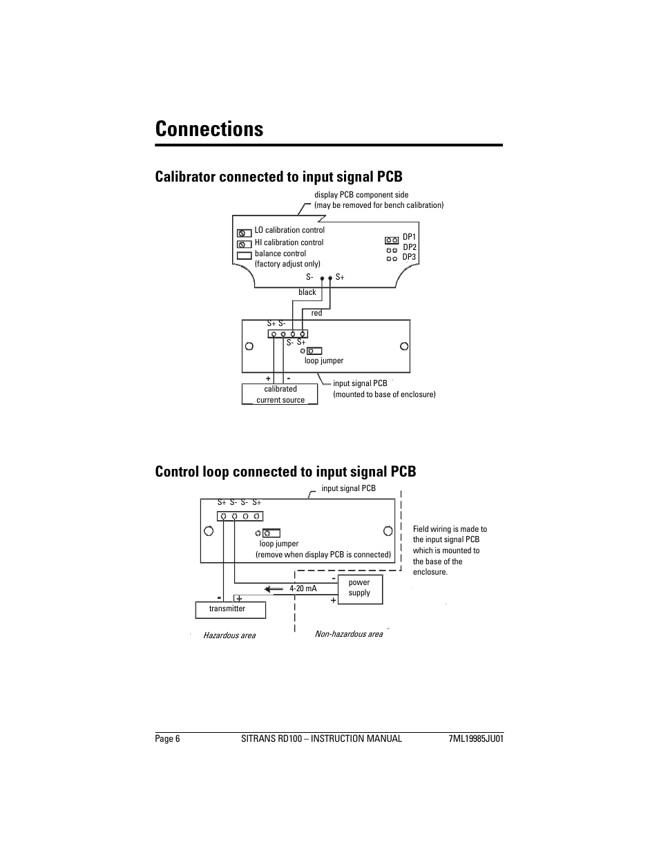 Connections, Calibrator connected to input signal pcb, Control loop connected to input signal pcb | Siemens Remote Displays SITRANS RD100 User Manual | Page 8 / 12