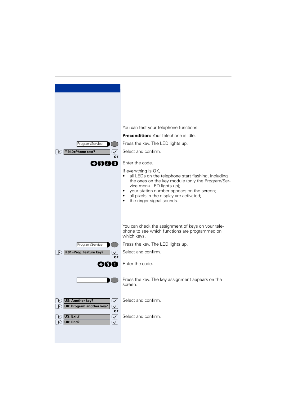 Testing the telephone, Testing the telephone functions, Checking the key assignment | Siemens OPTIPOINT HIPATH 2000 User Manual | Page 110 / 139