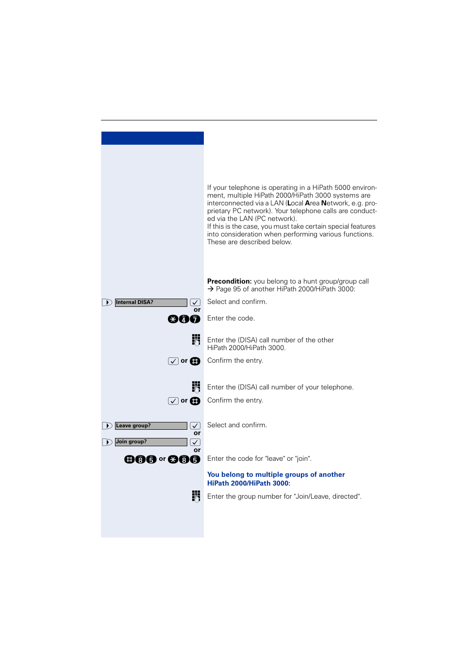 Special functions in the lan (pcnetwork), Leaving a hunt group/group call, Special functions in the lan (pc network) | Leaving a hunt group/group call | Siemens OPTIPOINT HIPATH 2000 User Manual | Page 111 / 139