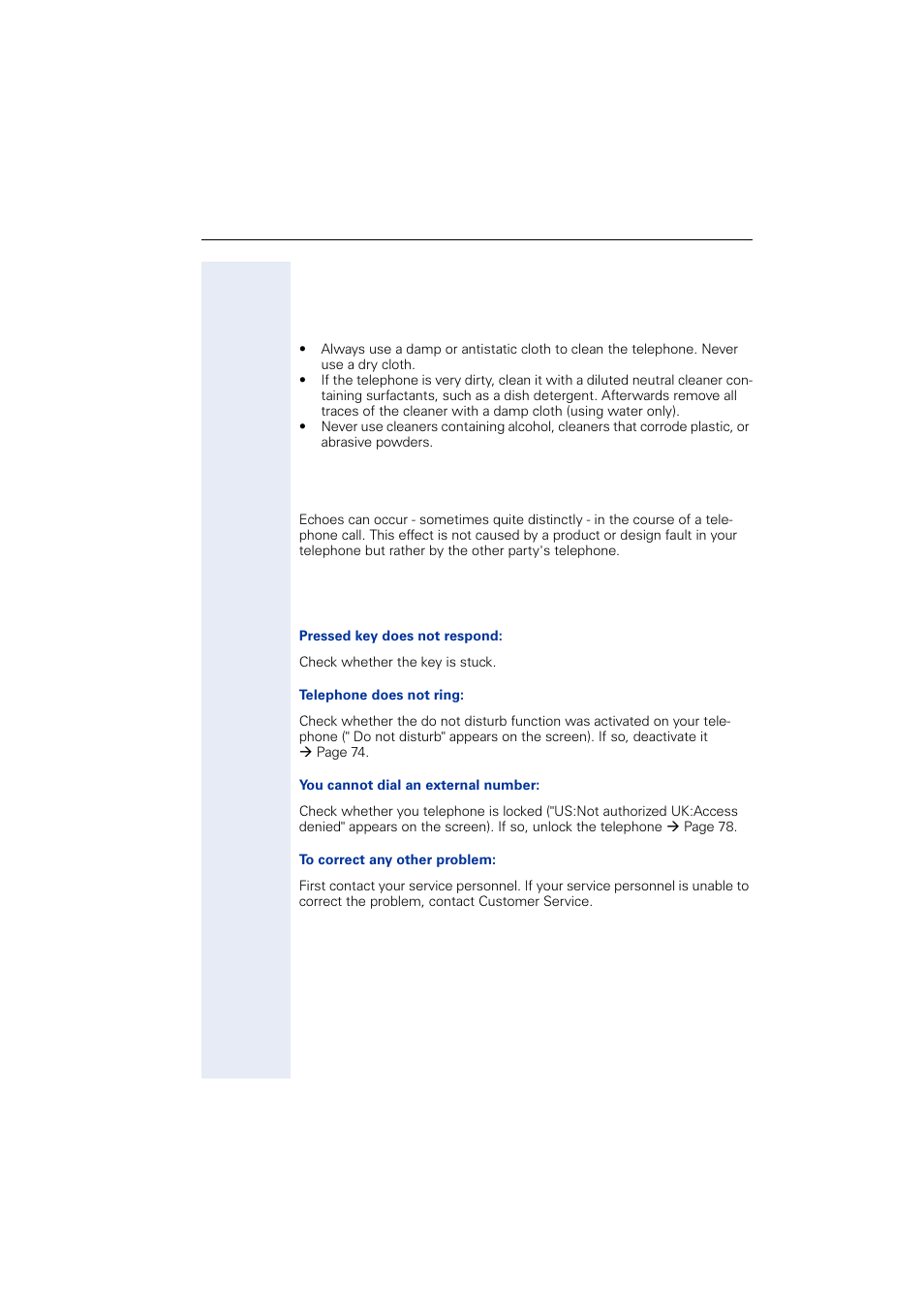 Fixing problems, Telephone maintenance, Echo effect | Troubleshooting, Telephone maintenance echo effect troubleshooting | Siemens OPTIPOINT HIPATH 2000 User Manual | Page 123 / 139