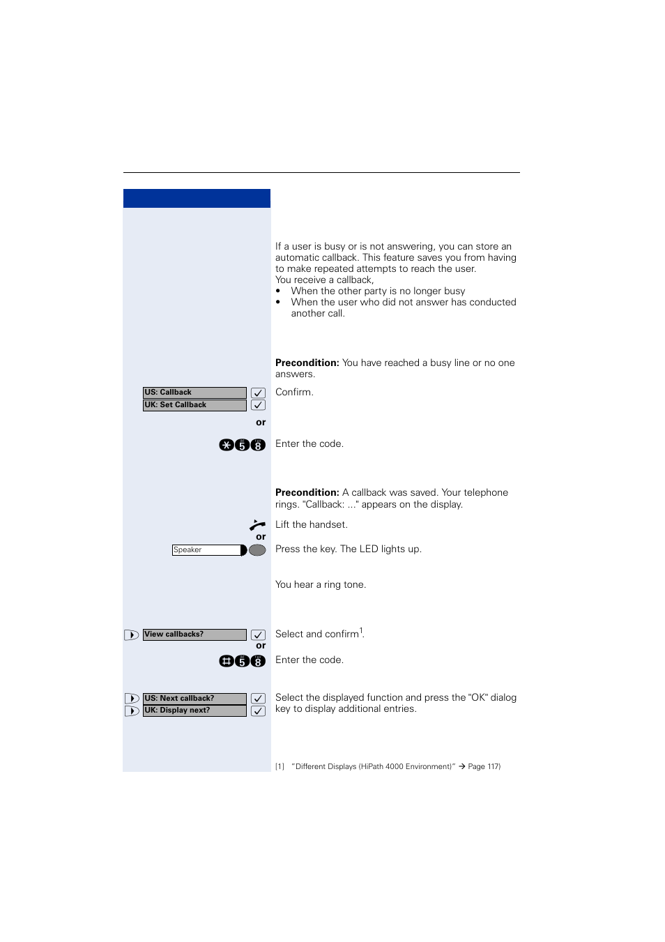 Using callback, Storing a callback, Answering a callback | Checking and canceling a saved callback | Siemens OPTIPOINT HIPATH 2000 User Manual | Page 26 / 139