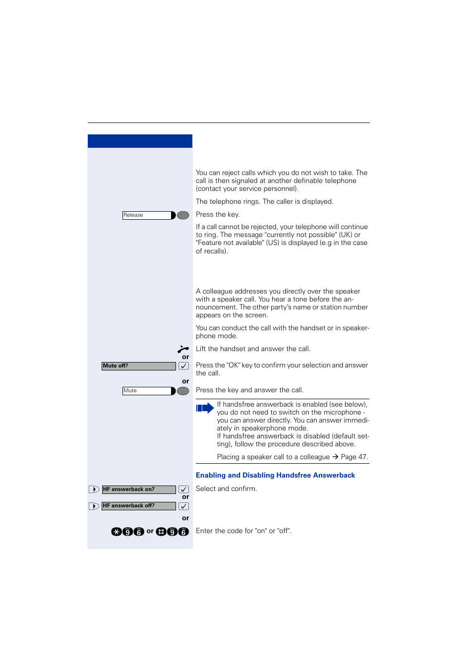 Rejecting calls, Using the speakerphone, Rejecting calls using the speakerphone | Siemens OPTIPOINT HIPATH 2000 User Manual | Page 34 / 139