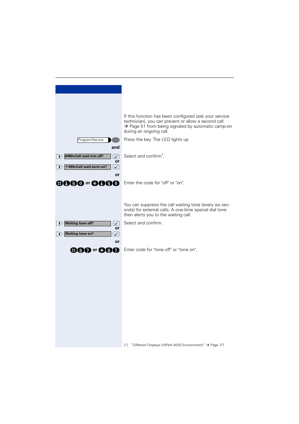 Turning the call waiting tone on and off | Siemens OPTIPOINT HIPATH 2000 User Manual | Page 52 / 139