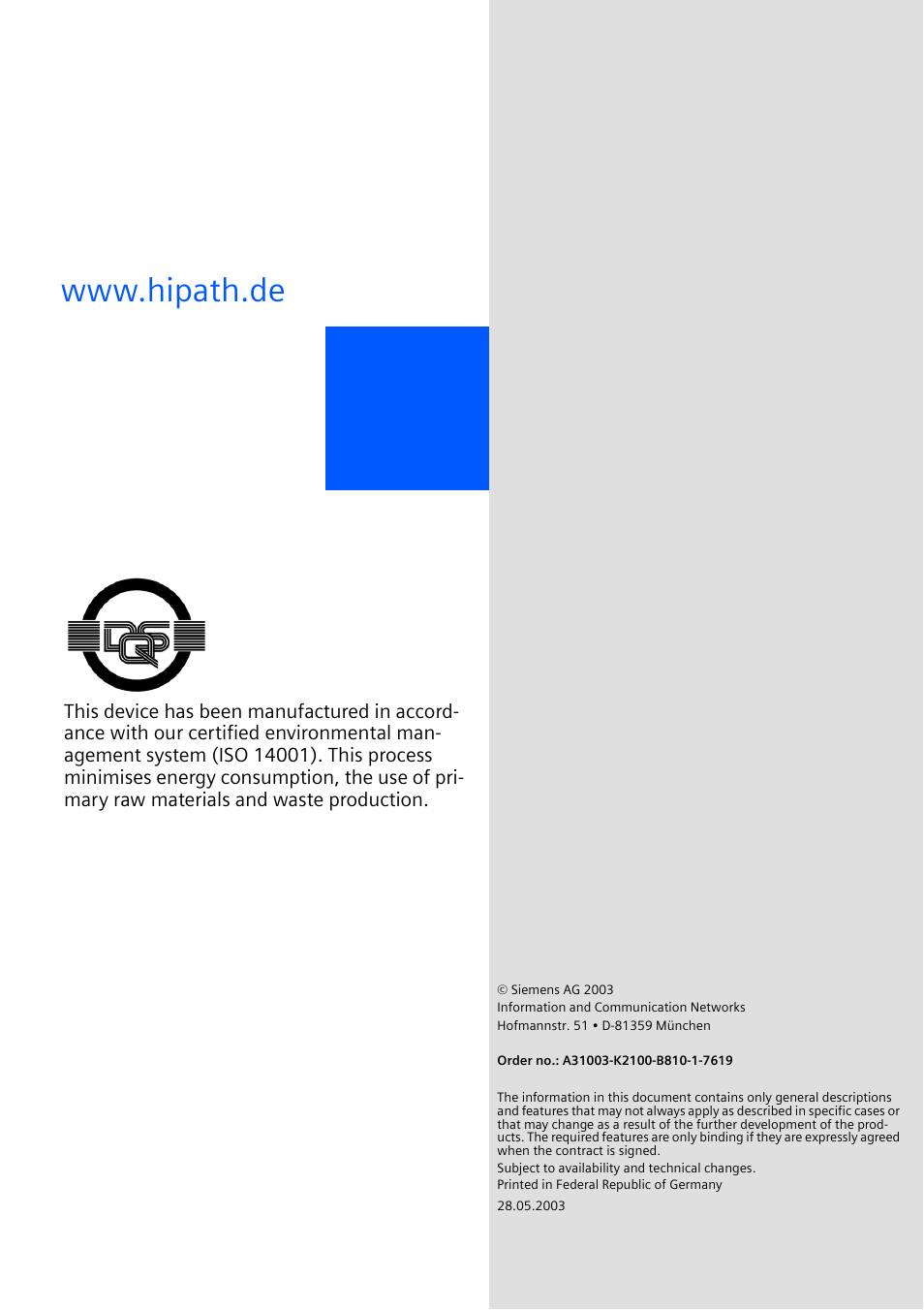 Siemens HIPATH 500 User Manual | Page 106 / 106