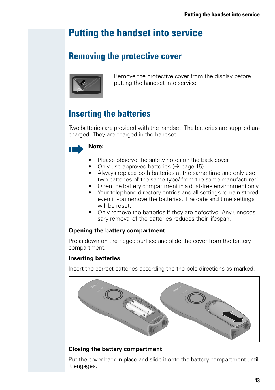 Putting the handset into service, Removing the protective cover, Inserting the batteries | Siemens HIPATH 500 User Manual | Page 21 / 106