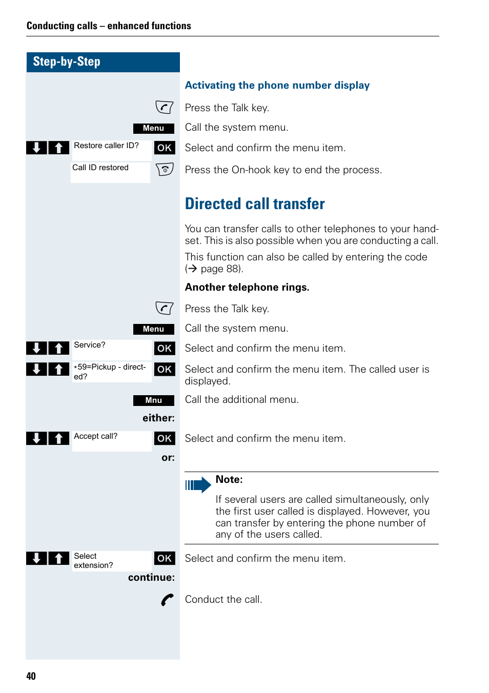 Directed call transfer, Step-by-step | Siemens HIPATH 500 User Manual | Page 48 / 106