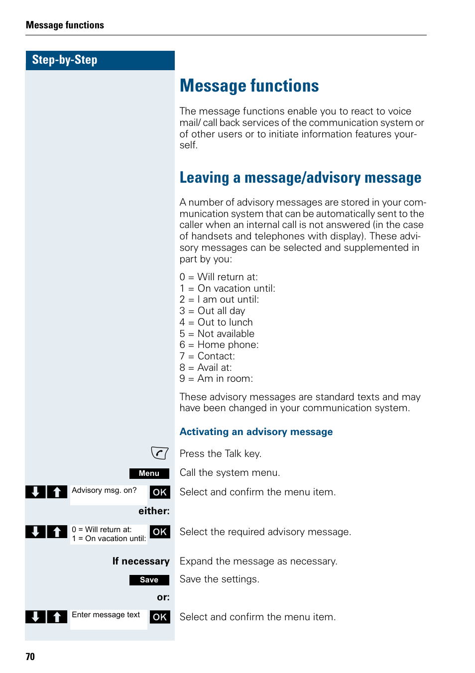 Message functions, Leaving a message/advisory message | Siemens HIPATH 500 User Manual | Page 78 / 106