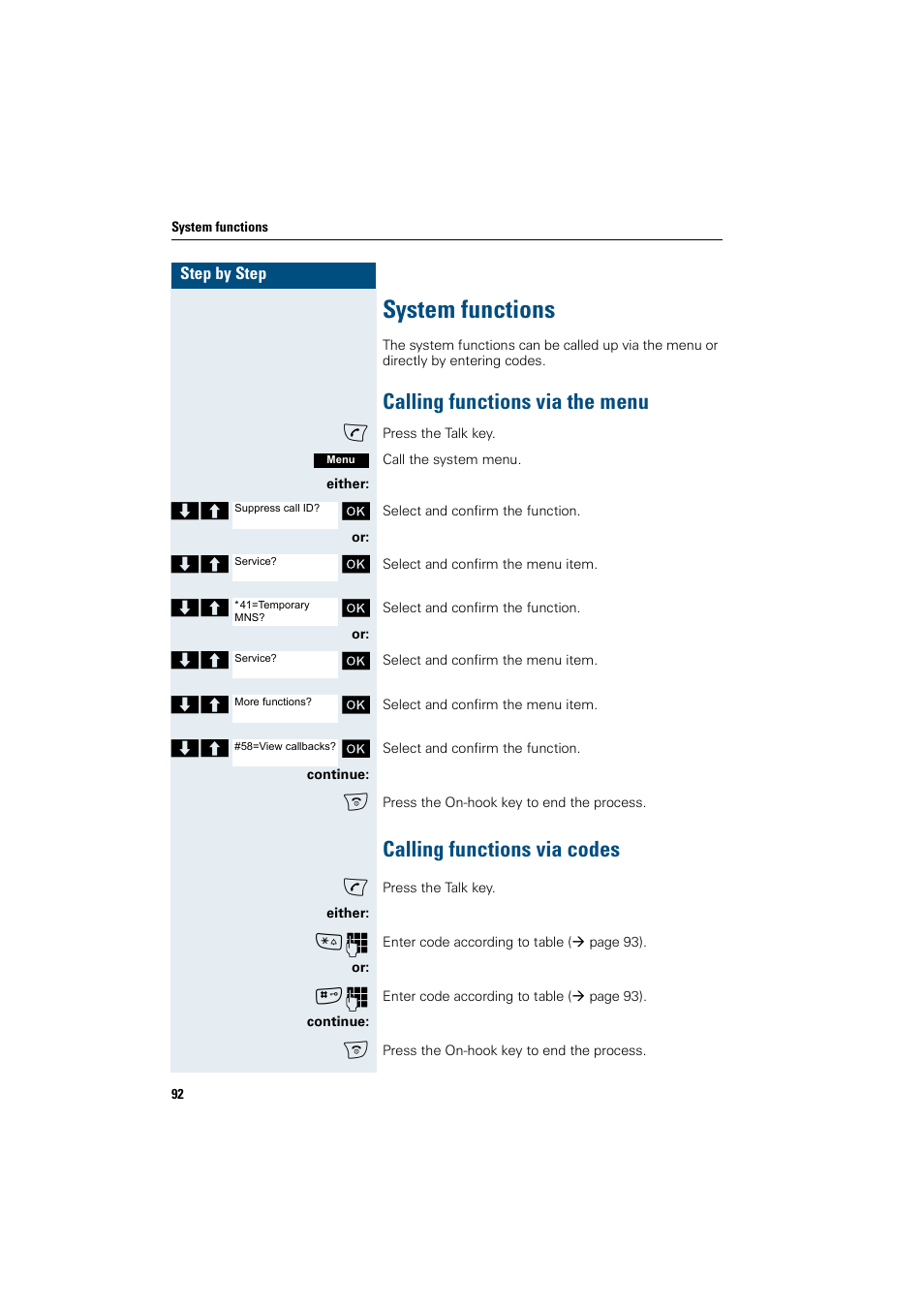 System functions, Calling functions via the menu, Calling functions via codes | Siemens Gigaset SL1 User Manual | Page 100 / 110