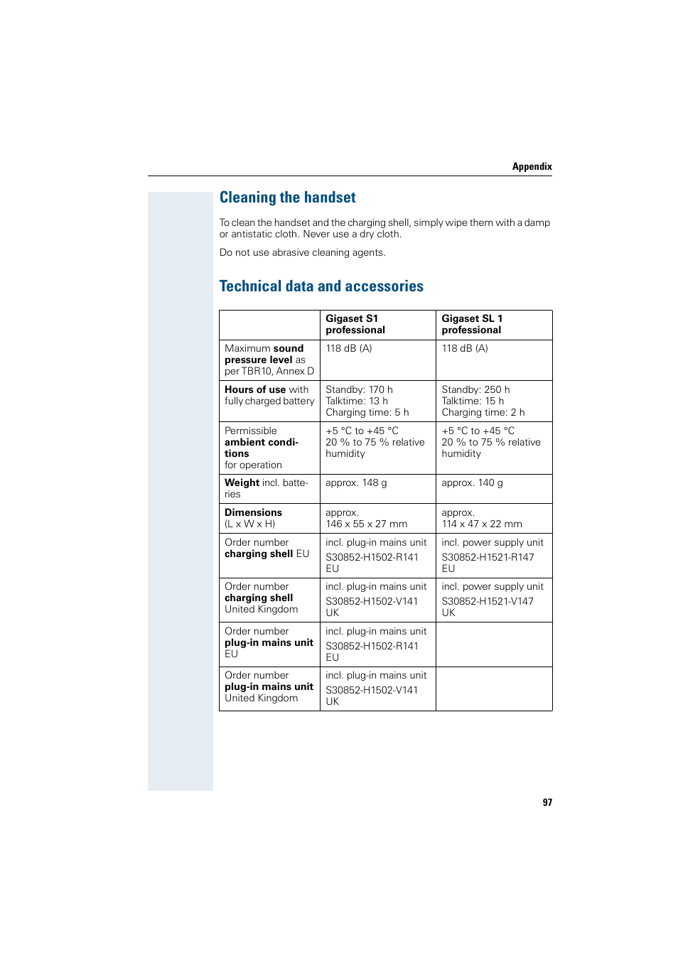 Cleaning the handset, Technical data and accessories | Siemens Gigaset SL1 User Manual | Page 105 / 110