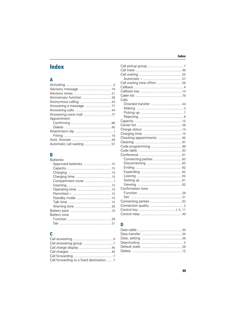 Index | Siemens Gigaset SL1 User Manual | Page 107 / 110