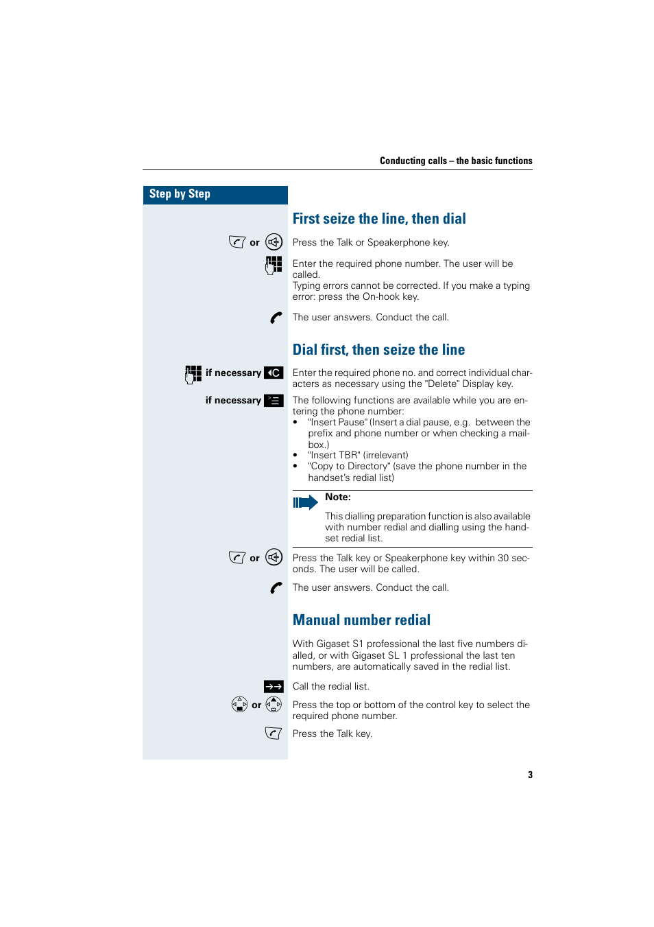 First seize the line, then dial, Dial first, then seize the line, Manual number redial | Siemens Gigaset SL1 User Manual | Page 11 / 110