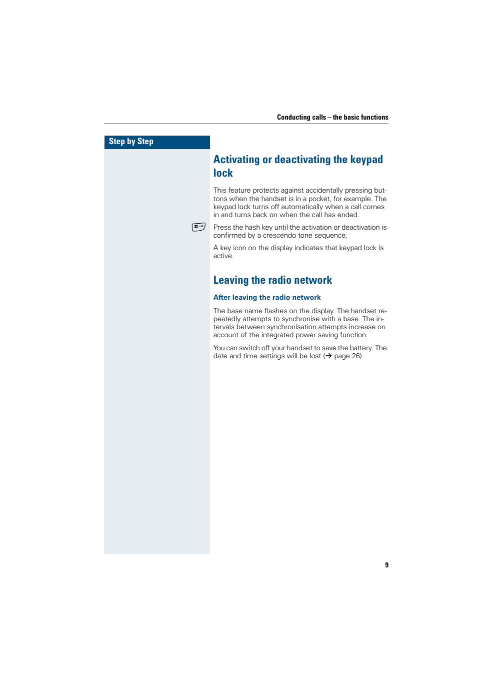 Activating or deactivating the keypad lock, Leaving the radio network | Siemens Gigaset SL1 User Manual | Page 17 / 110