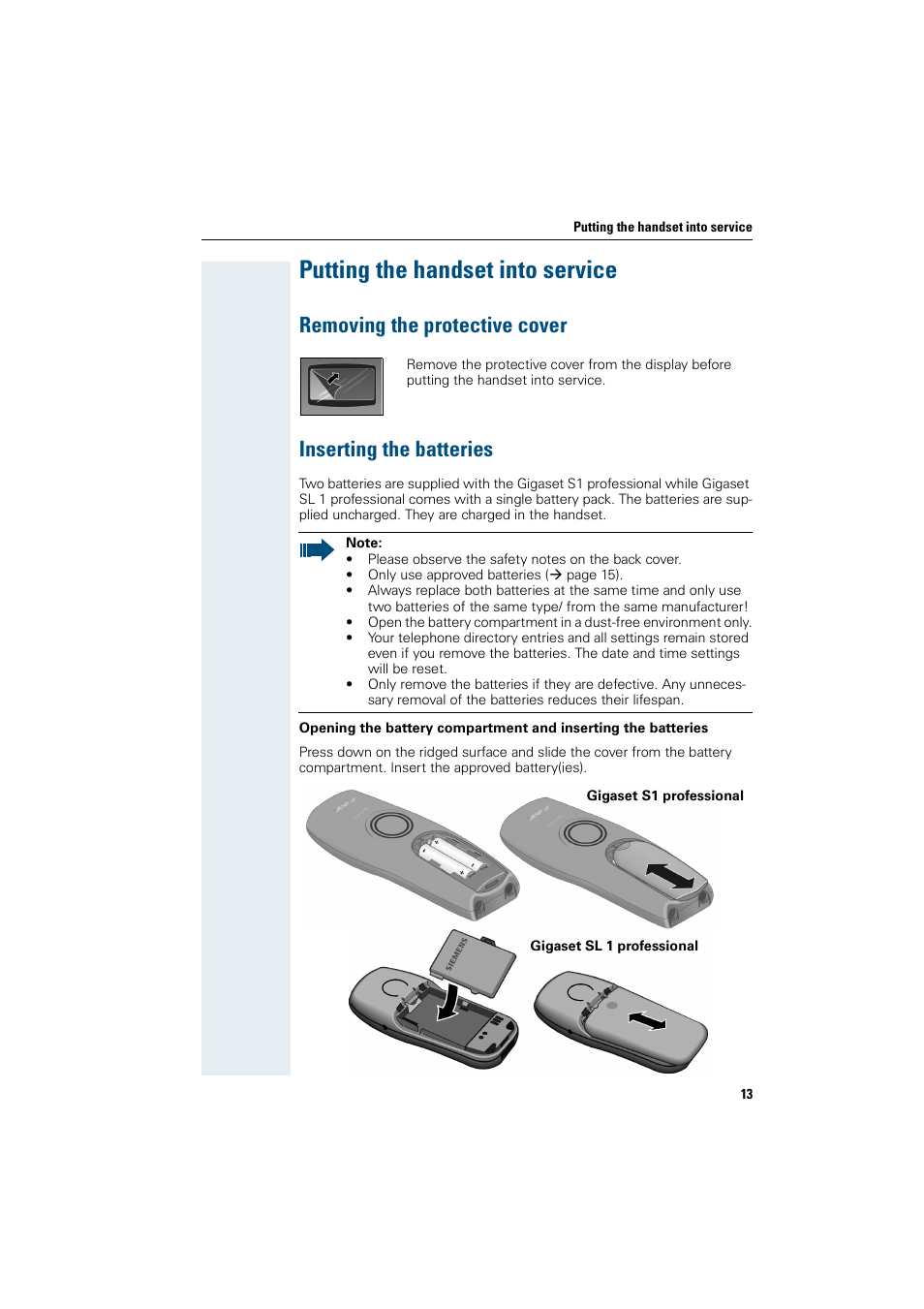 Putting the handset into service, Removing the protective cover, Inserting the batteries | Siemens Gigaset SL1 User Manual | Page 21 / 110