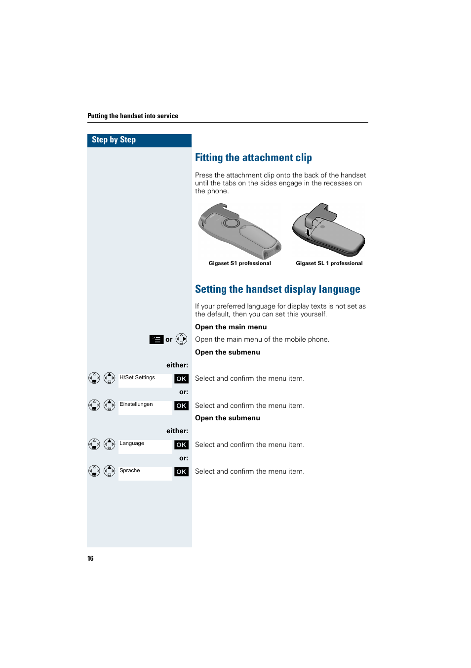Fitting the attachment clip, Setting the handset display language | Siemens Gigaset SL1 User Manual | Page 24 / 110
