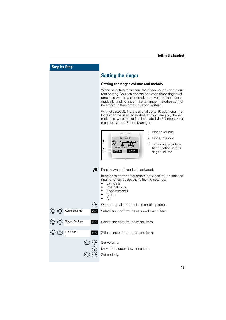 Setting the ringer | Siemens Gigaset SL1 User Manual | Page 27 / 110