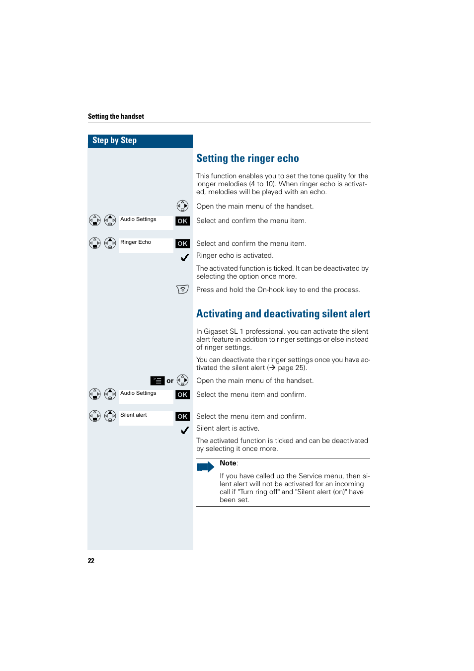 Setting the ringer echo, Activating and deactivating silent alert | Siemens Gigaset SL1 User Manual | Page 30 / 110