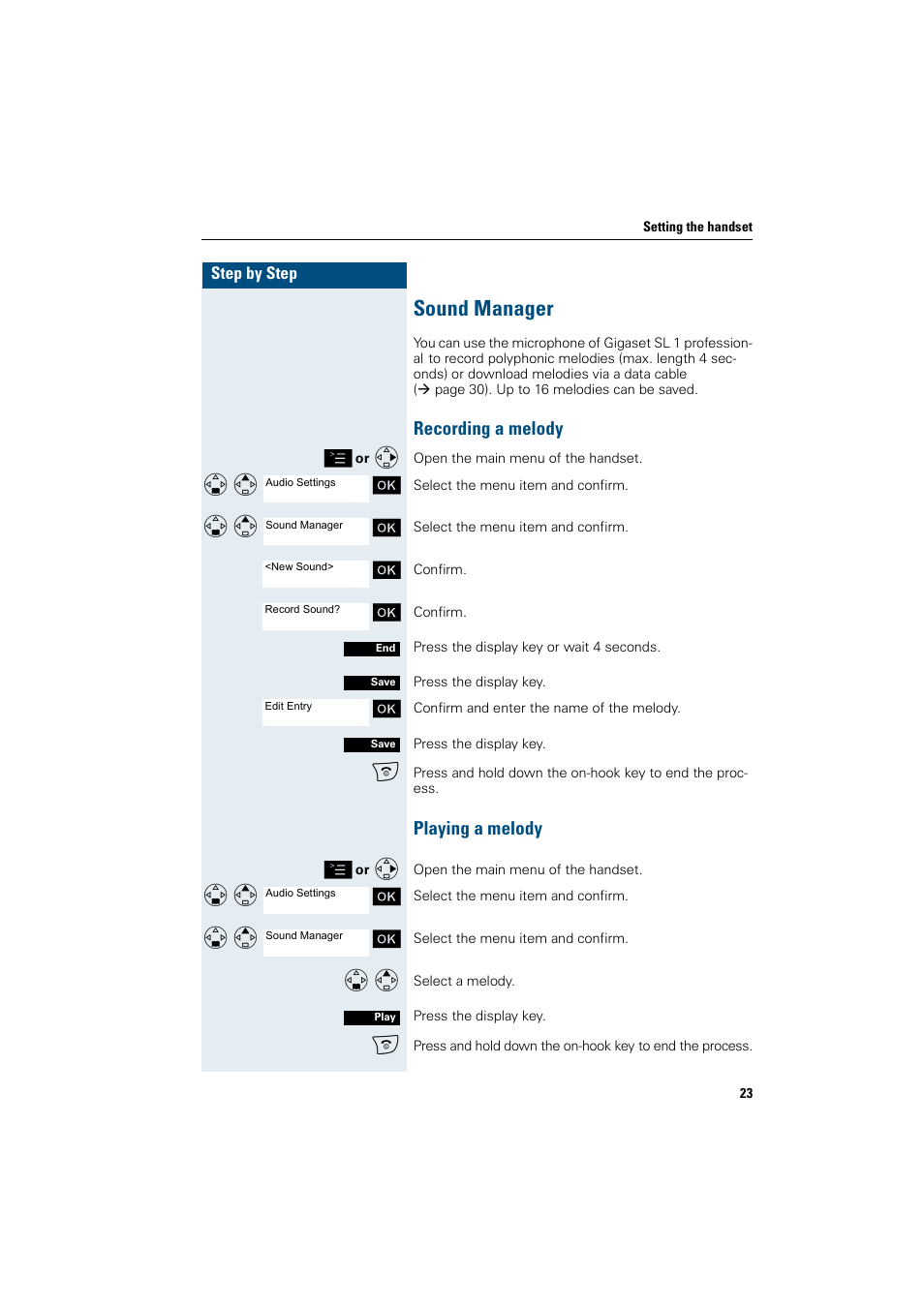 Sound manager, Recording a melody playing a melody, Recording a melody | Playing a melody | Siemens Gigaset SL1 User Manual | Page 31 / 110