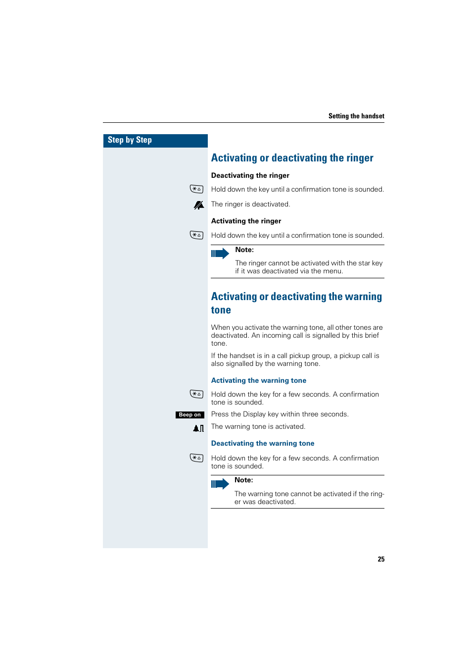 Activating or deactivating the ringer, Activating or deactivating the warning tone | Siemens Gigaset SL1 User Manual | Page 33 / 110