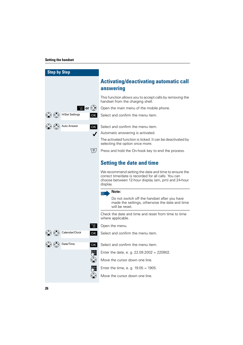 Activating/deactivating automatic call answering, Setting the date and time | Siemens Gigaset SL1 User Manual | Page 34 / 110