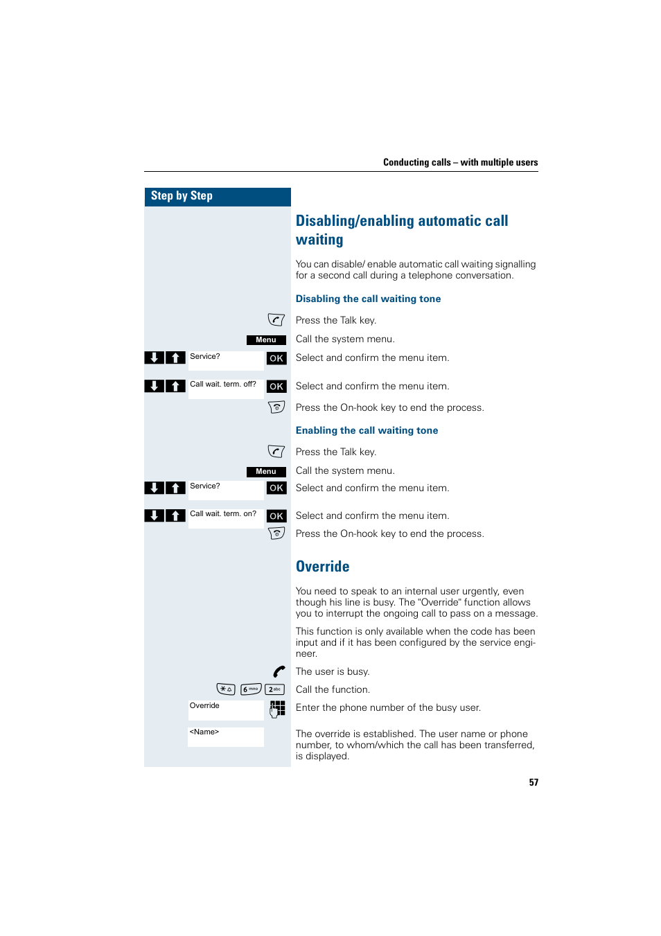 Disabling/enabling automatic call waiting, Override, Disabling/enabling automatic call waiting override | Siemens Gigaset SL1 User Manual | Page 65 / 110