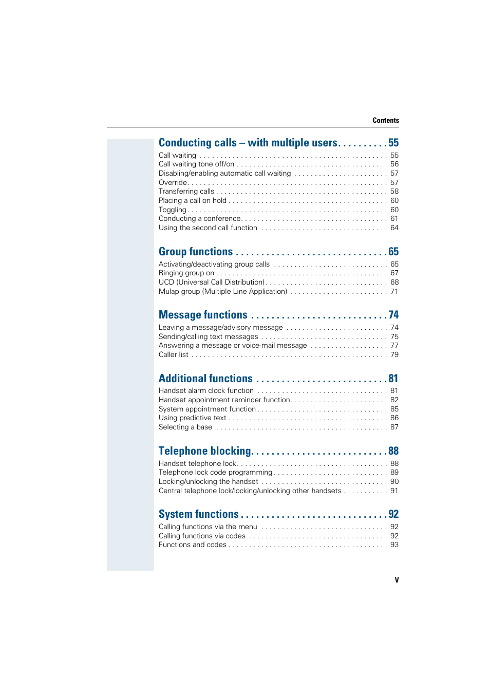 Conducting calls – with multiple users, Group functions, Message functions | Additional functions, Telephone blocking, System functions | Siemens Gigaset SL1 User Manual | Page 7 / 110