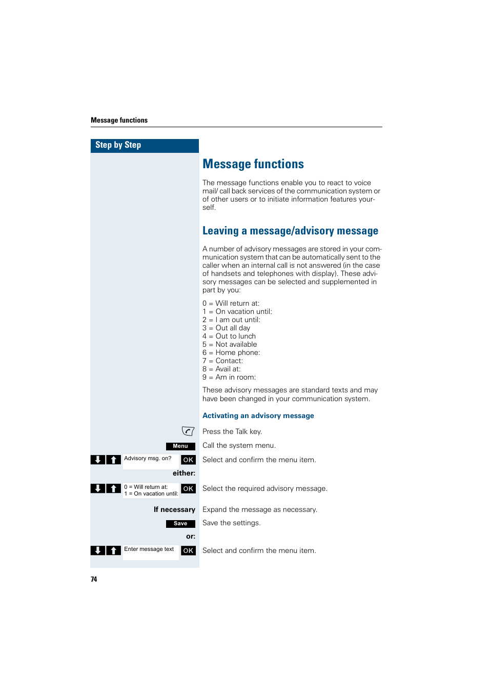 Message functions, Leaving a message/advisory message | Siemens Gigaset SL1 User Manual | Page 82 / 110