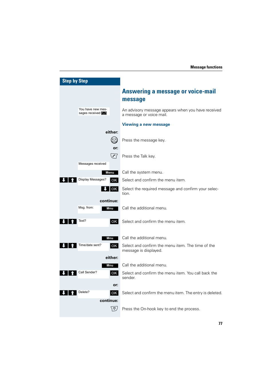 Answering a message or voice-mail message | Siemens Gigaset SL1 User Manual | Page 85 / 110