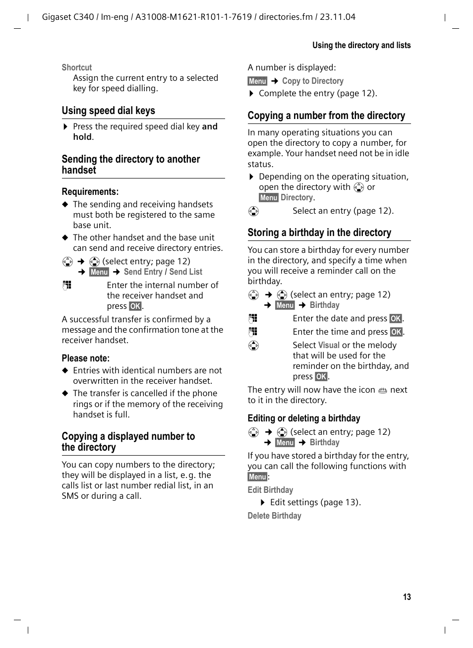 Using speed dial keys, Sending the directory to another handset, Copying a displayed number to the directory | Copying a number from the directory, Storing a birthday in the directory | Siemens Gigaset C340 User Manual | Page 14 / 48