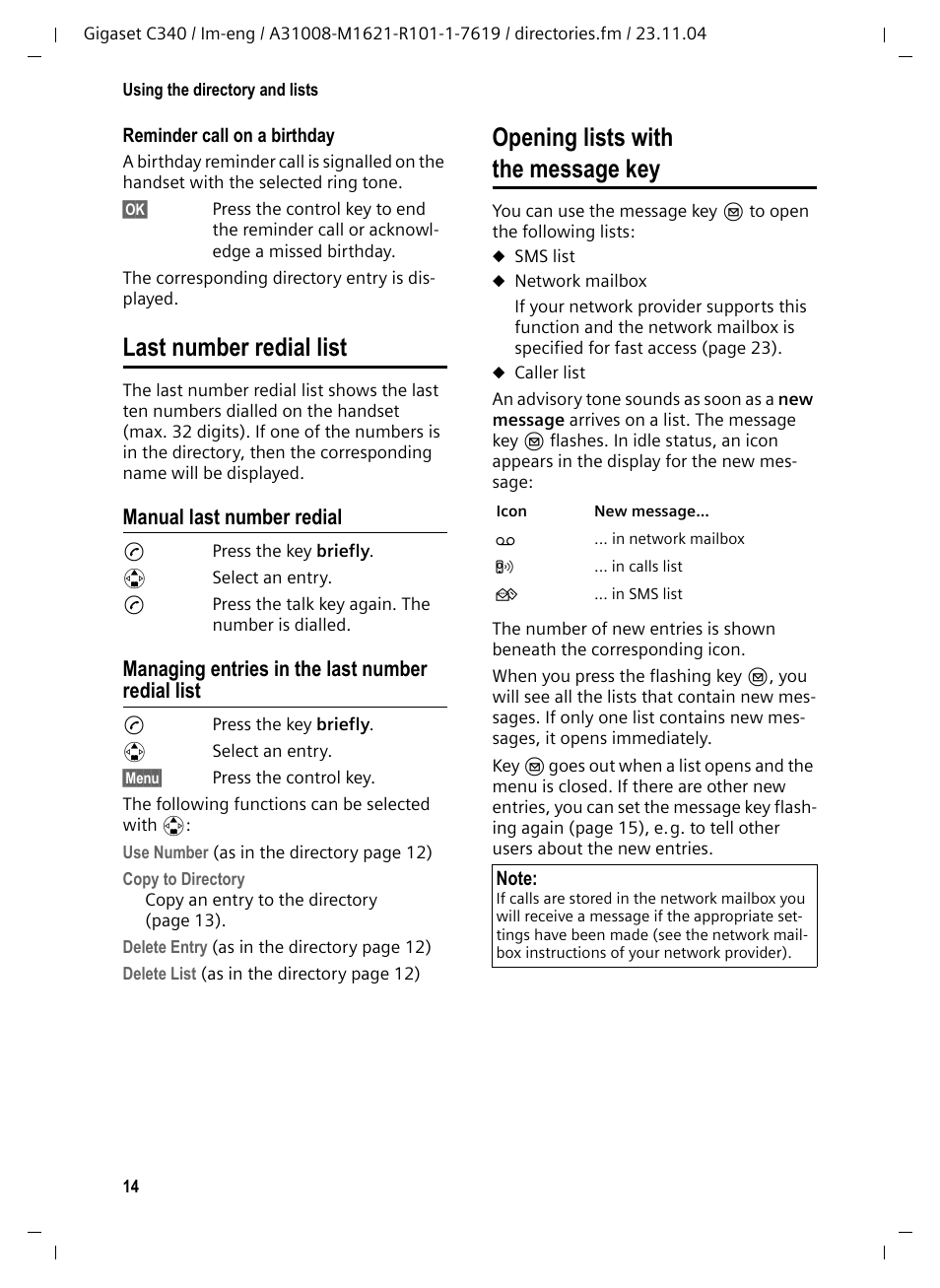 Last number redial list, Manual last number redial, Managing entries in the last number redial list | Opening lists with the message key | Siemens Gigaset C340 User Manual | Page 15 / 48