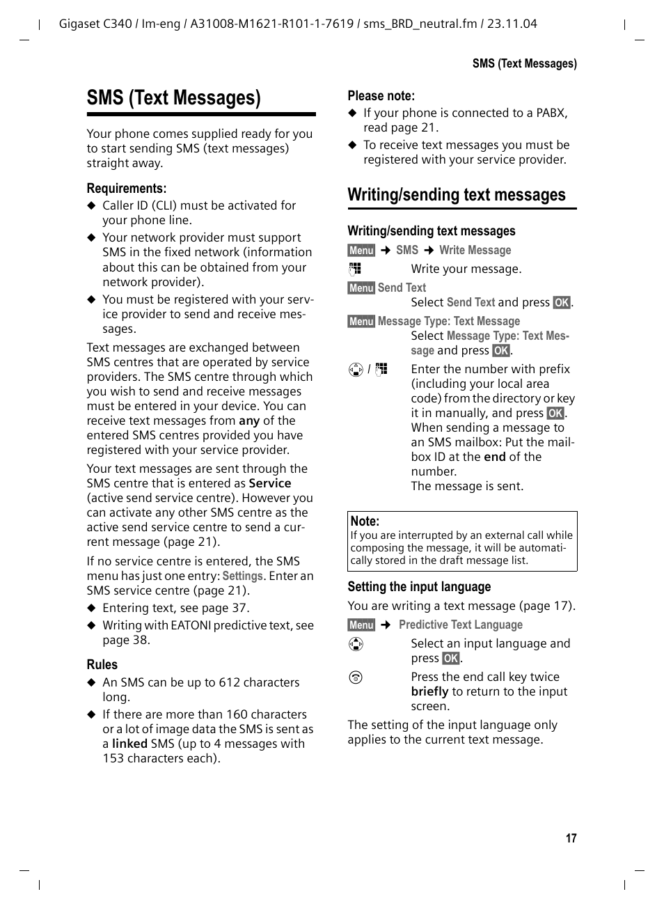 Sms (text messages), Writing/sending text messages | Siemens Gigaset C340 User Manual | Page 18 / 48