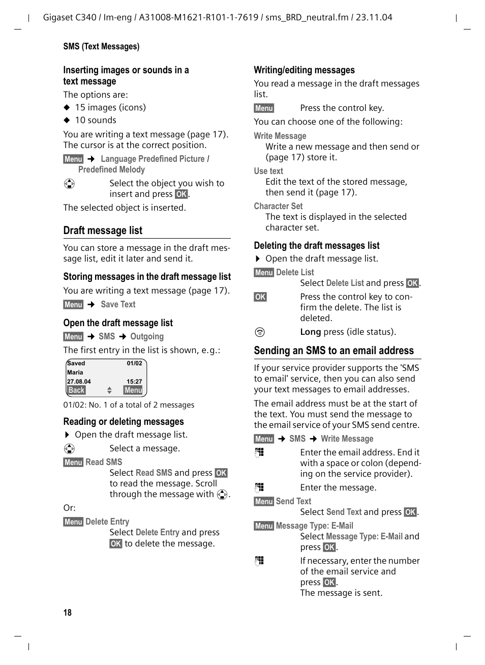 Draft message list, Sending an sms to an email address | Siemens Gigaset C340 User Manual | Page 19 / 48