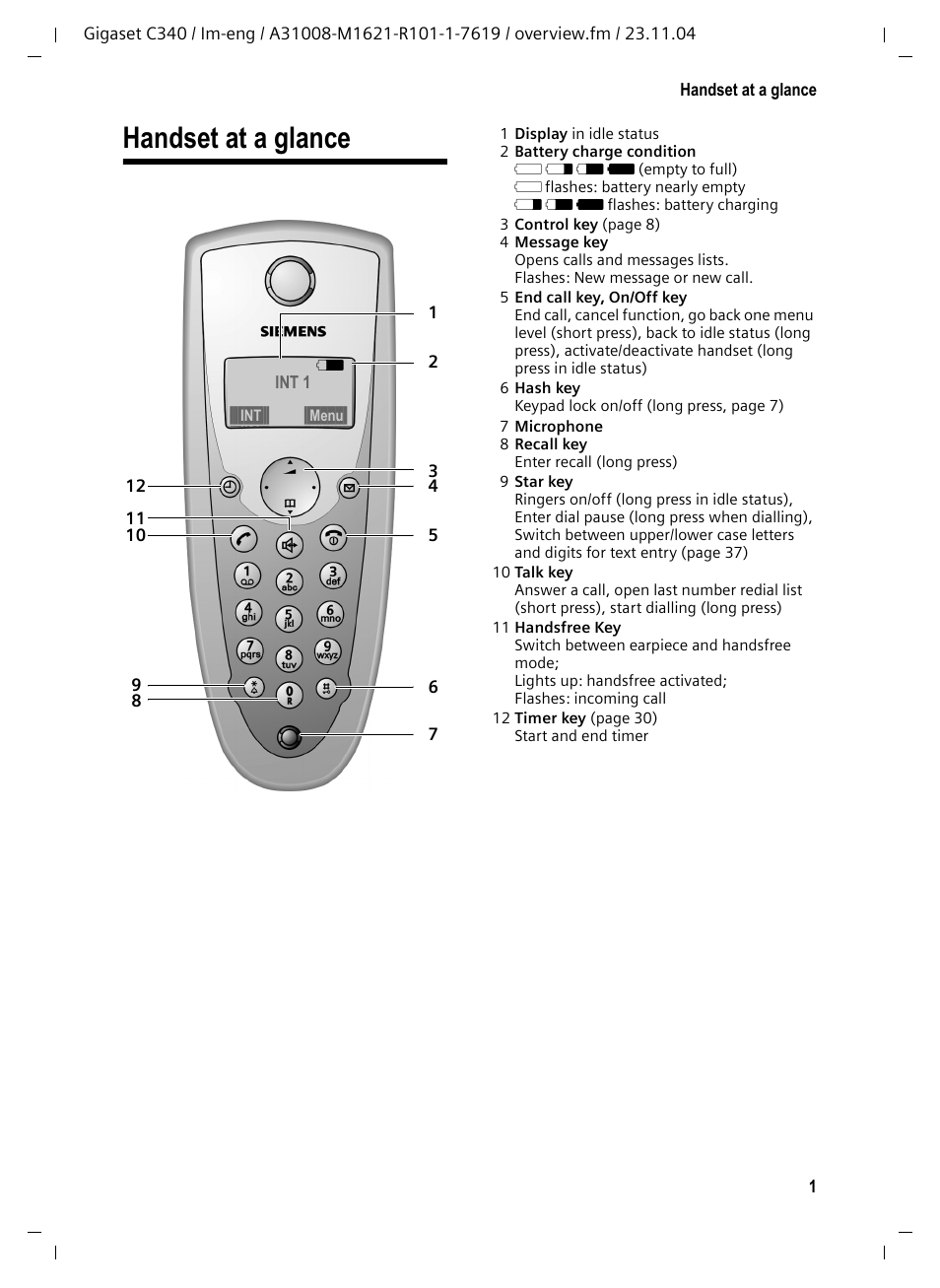 Handset at a glance | Siemens Gigaset C340 User Manual | Page 2 / 48