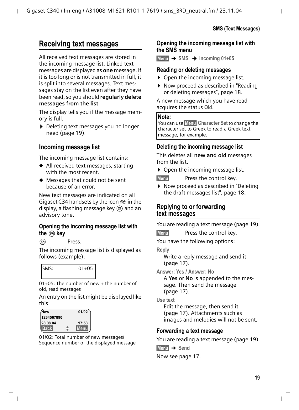 Receiving text messages, Incoming message list, Replying to or forwarding text messages | Siemens Gigaset C340 User Manual | Page 20 / 48