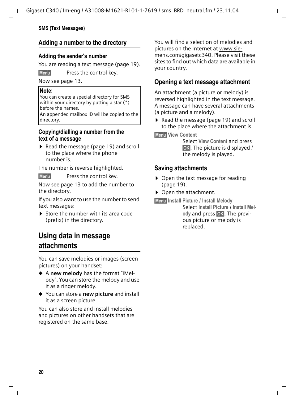 Adding a number to the directory, Using data in message attachments, Opening a text message attachment | Saving attachments | Siemens Gigaset C340 User Manual | Page 21 / 48