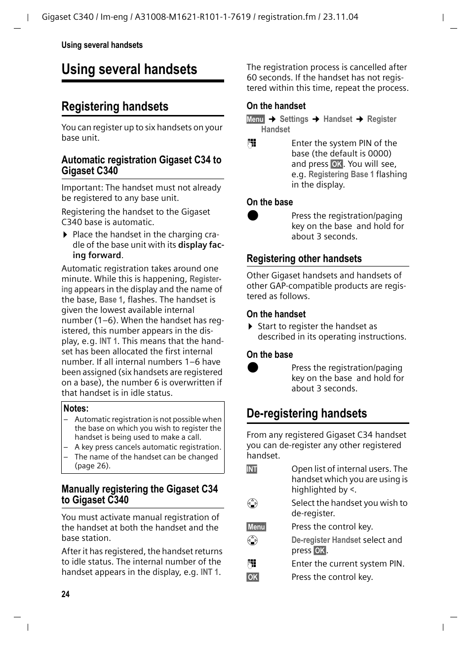 Using several handsets, Registering handsets, Automatic registration gigaset c34 to gigaset c340 | Registering other handsets, De-registering handsets, Registering handsets de-registering handsets | Siemens Gigaset C340 User Manual | Page 25 / 48