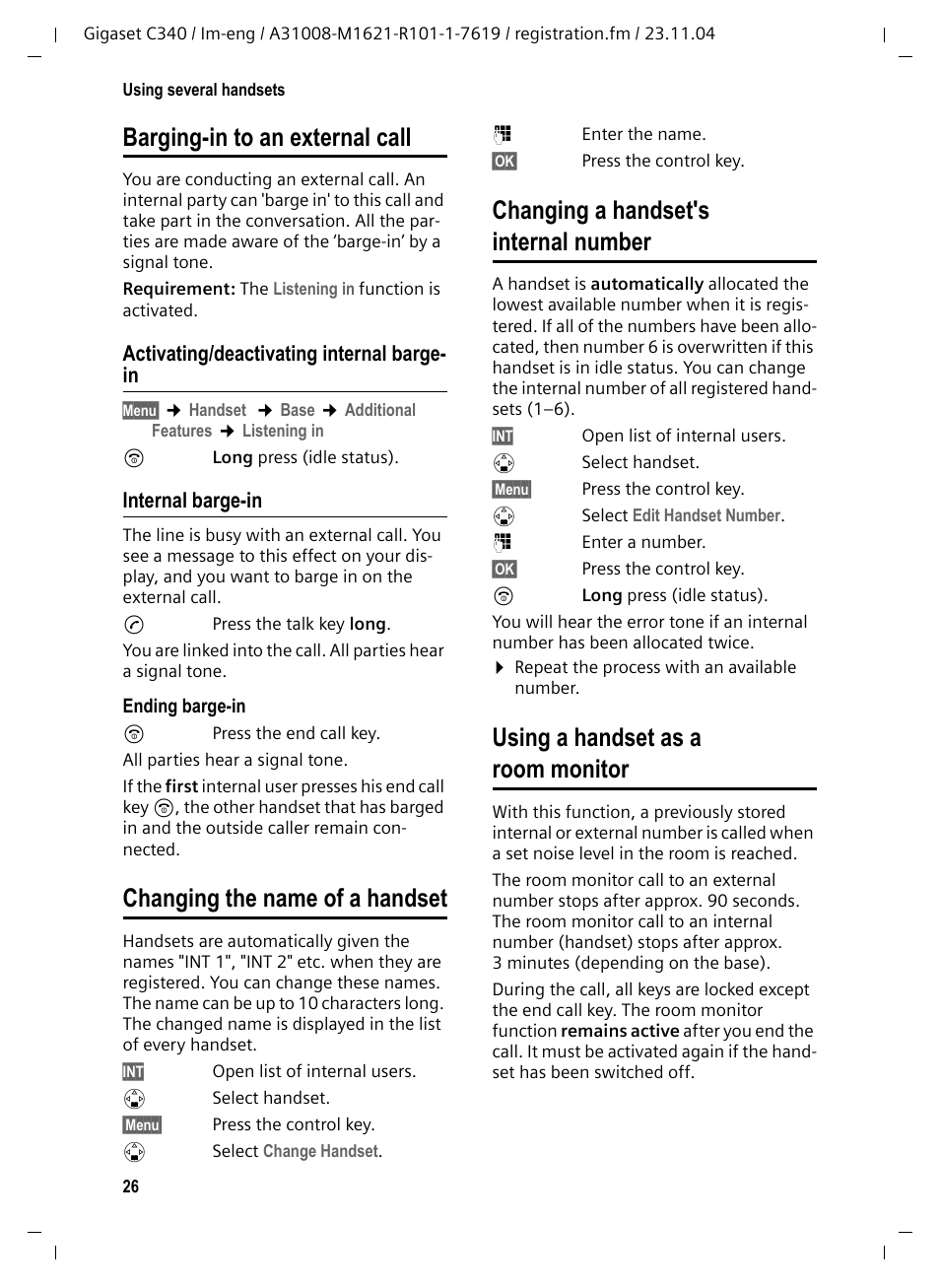 Barging-in to an external call, Activating/deactivating internal barge- in, Internal barge-in | Changing the name of a handset, Changing a handset's internal number, Using a handset as a room monitor | Siemens Gigaset C340 User Manual | Page 27 / 48