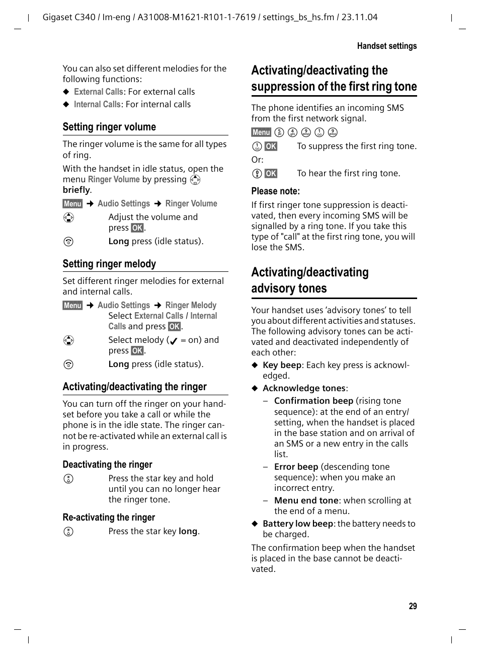 Setting ringer volume, Setting ringer melody, Activating/deactivating the ringer | Activating/deactivating advisory tones | Siemens Gigaset C340 User Manual | Page 30 / 48