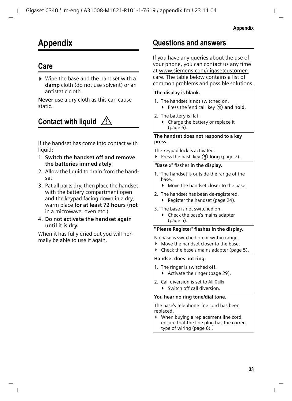 Appendix, Care, Contact with liquid | Questions and answers, Care contact with liquid questions and answers, Lems see | Siemens Gigaset C340 User Manual | Page 34 / 48