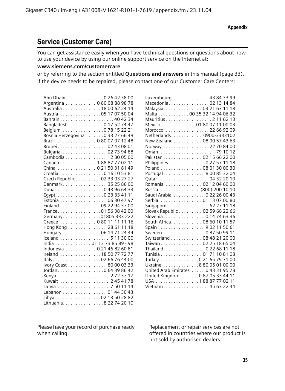 Service (customer care) | Siemens Gigaset C340 User Manual | Page 36 / 48