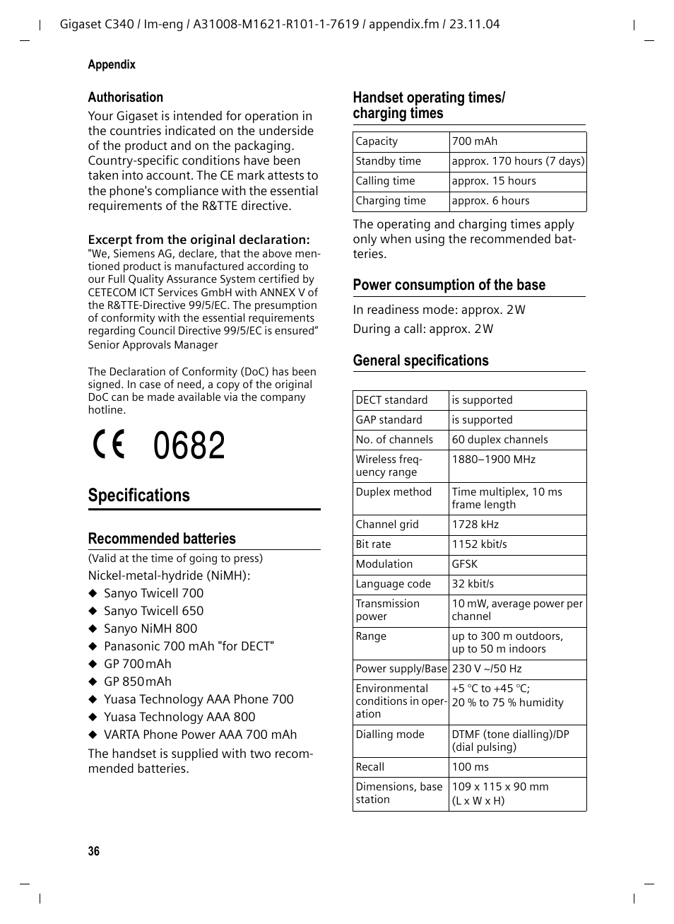 Specifications, Recommended batteries, Handset operating times/ charging times | Power consumption of the base, General specifications | Siemens Gigaset C340 User Manual | Page 37 / 48