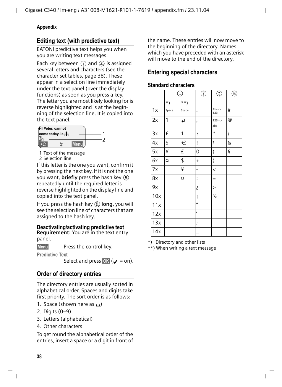 Editing text (with predictive text), Order of directory entries, Entering special characters | Xt, see | Siemens Gigaset C340 User Manual | Page 39 / 48