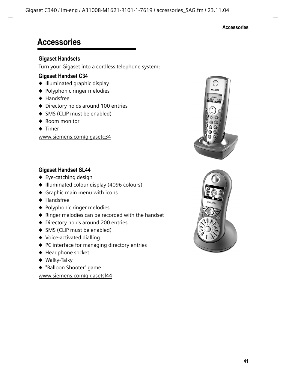 Accessories | Siemens Gigaset C340 User Manual | Page 42 / 48