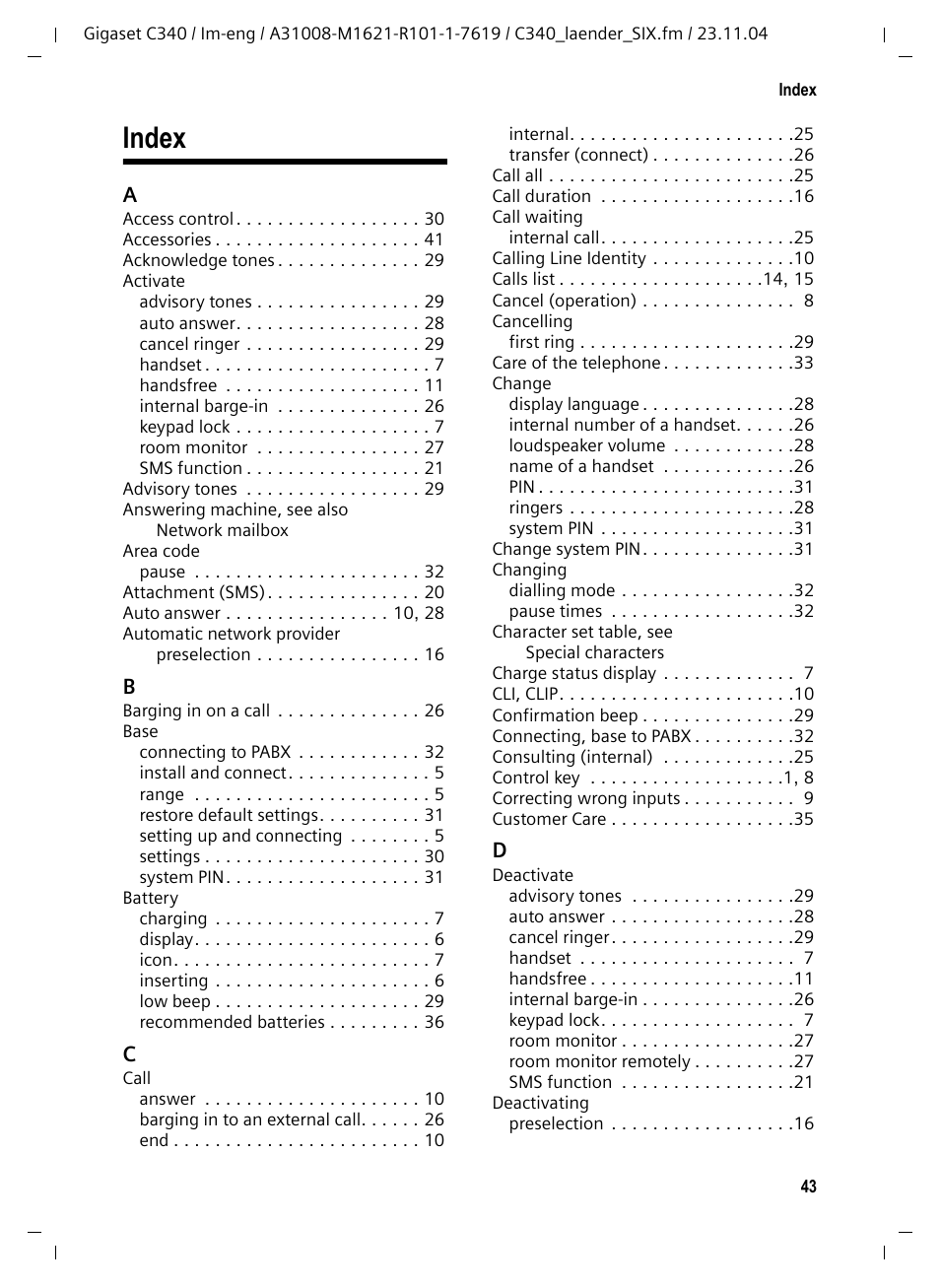 Index | Siemens Gigaset C340 User Manual | Page 44 / 48