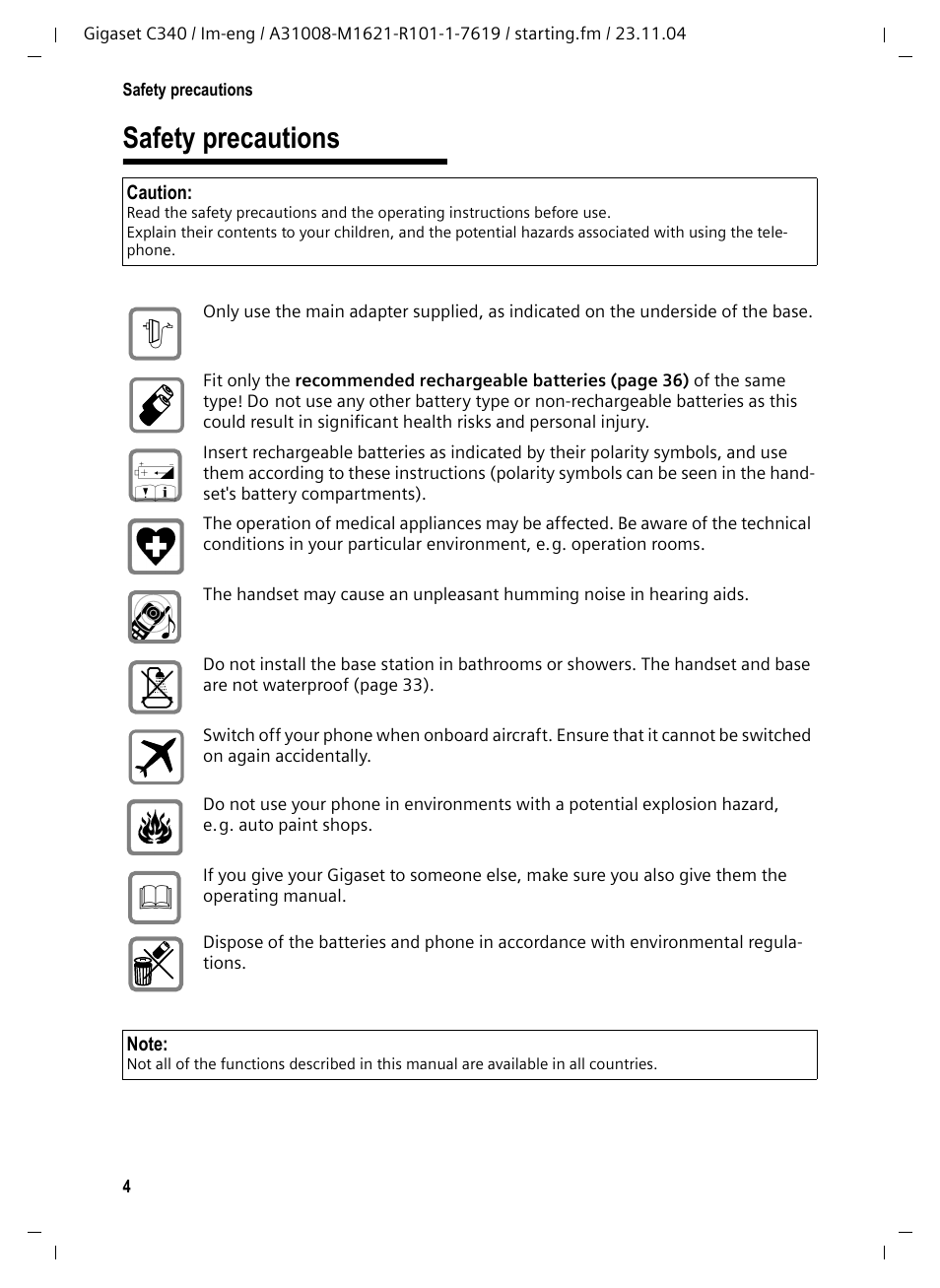 Safety precautions | Siemens Gigaset C340 User Manual | Page 5 / 48