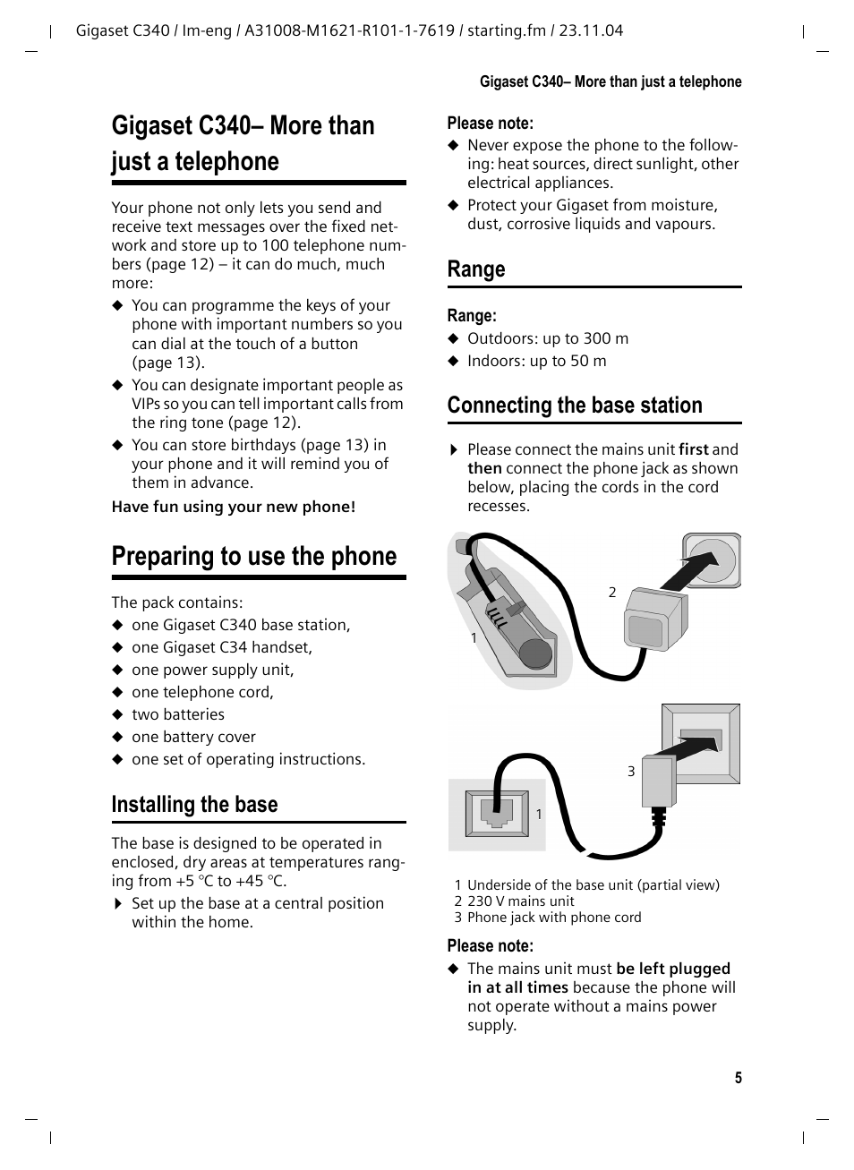 Gigaset c340- more than just a telephone, Preparing to use the phone, Installing the base | Range, Connecting the base station, Gigaset c340– more than just a telephone | Siemens Gigaset C340 User Manual | Page 6 / 48