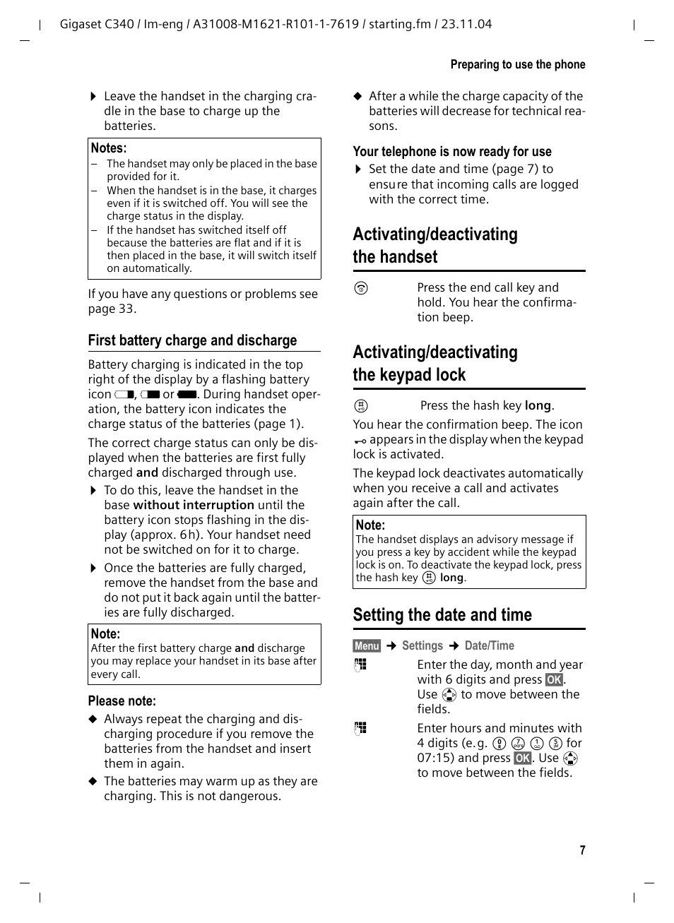 First battery charge and discharge, Activating/deactivating the handset, Activating/deactivating the keypad lock | Setting the date and time | Siemens Gigaset C340 User Manual | Page 8 / 48