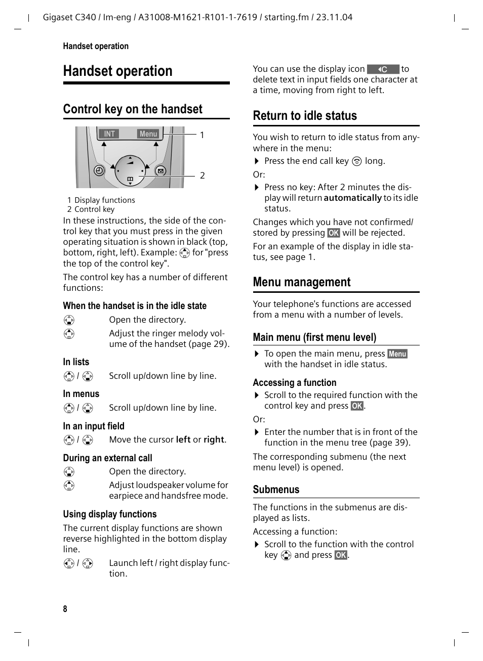Handset operation, Control key on the handset, Return to idle status | Menu management, Main menu (first menu level), Submenus | Siemens Gigaset C340 User Manual | Page 9 / 48