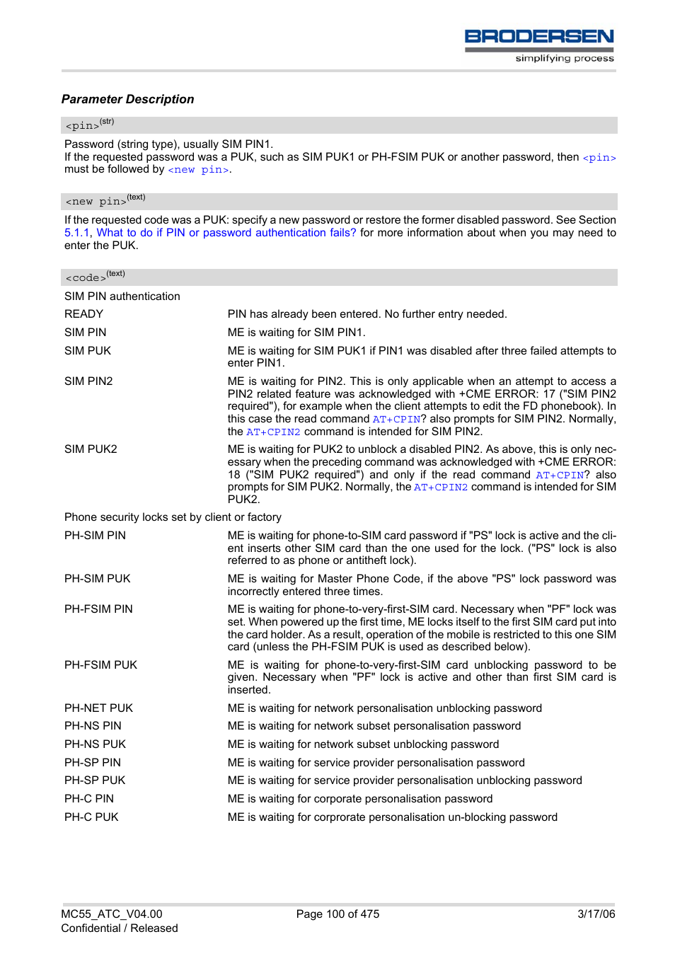 Cpin, Code, New pin | Siemens Brodersen MC55 AT User Manual | Page 100 / 475