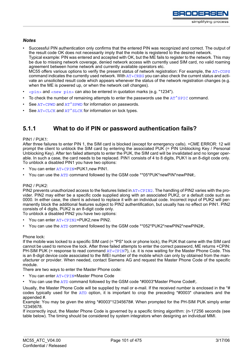 What to do if pin or password authentication fails | Siemens Brodersen MC55 AT User Manual | Page 101 / 475