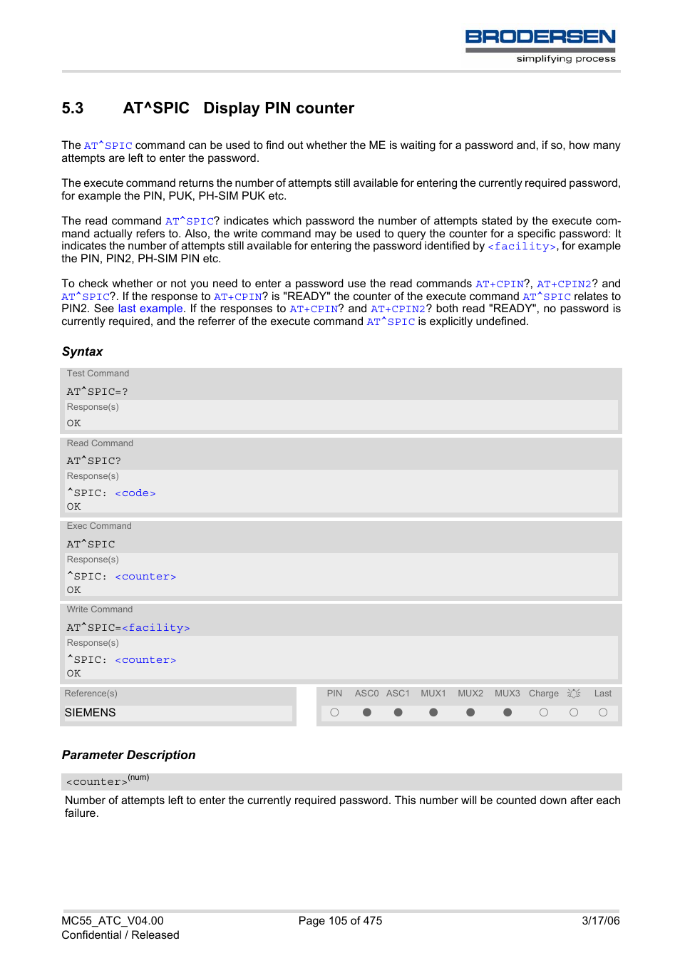 3 at^spic display pin counter, At^spic display pin counter, At^spic | Siemens Brodersen MC55 AT User Manual | Page 105 / 475